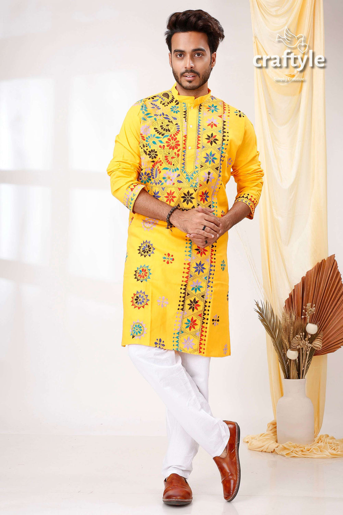 Amber Yellow Multithread Kantha Hand Embroidered Gents Kurta - Craftyle
