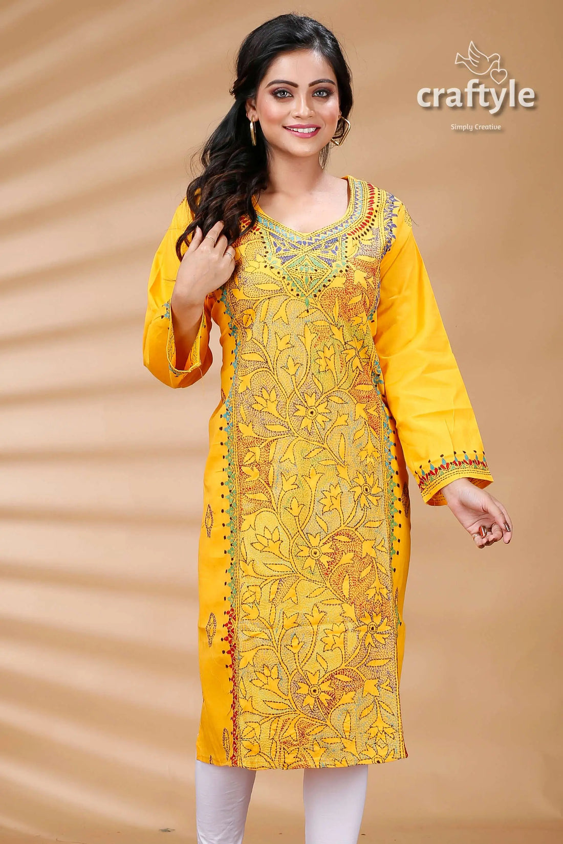 Amber yellow reverse kantha work cotton kurti yellow embroidered kurta 2