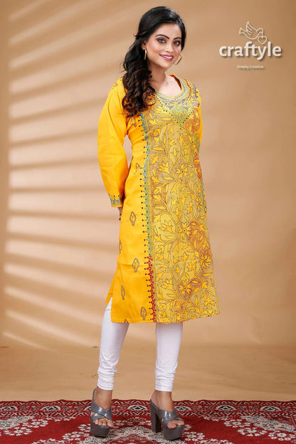 Amber yellow reverse kantha work cotton kurti yellow embroidered kurta white leggings 3