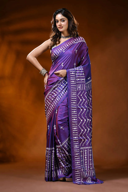 Amethyst purple silk gujrati stitch saree with chevron design mirror work 1