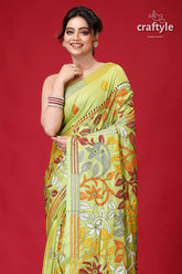 Android Green Hand Embroidery Silk Kantha Work Saree-Craftyle