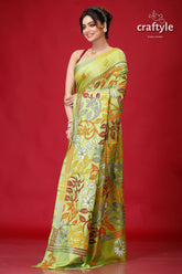 Android Green Hand Embroidery Silk Kantha Work Saree-Craftyle