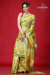 Android Green Hand Embroidery Silk Kantha Work Saree-Craftyle