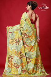 Android Green Hand Embroidery Silk Kantha Work Saree-Craftyle