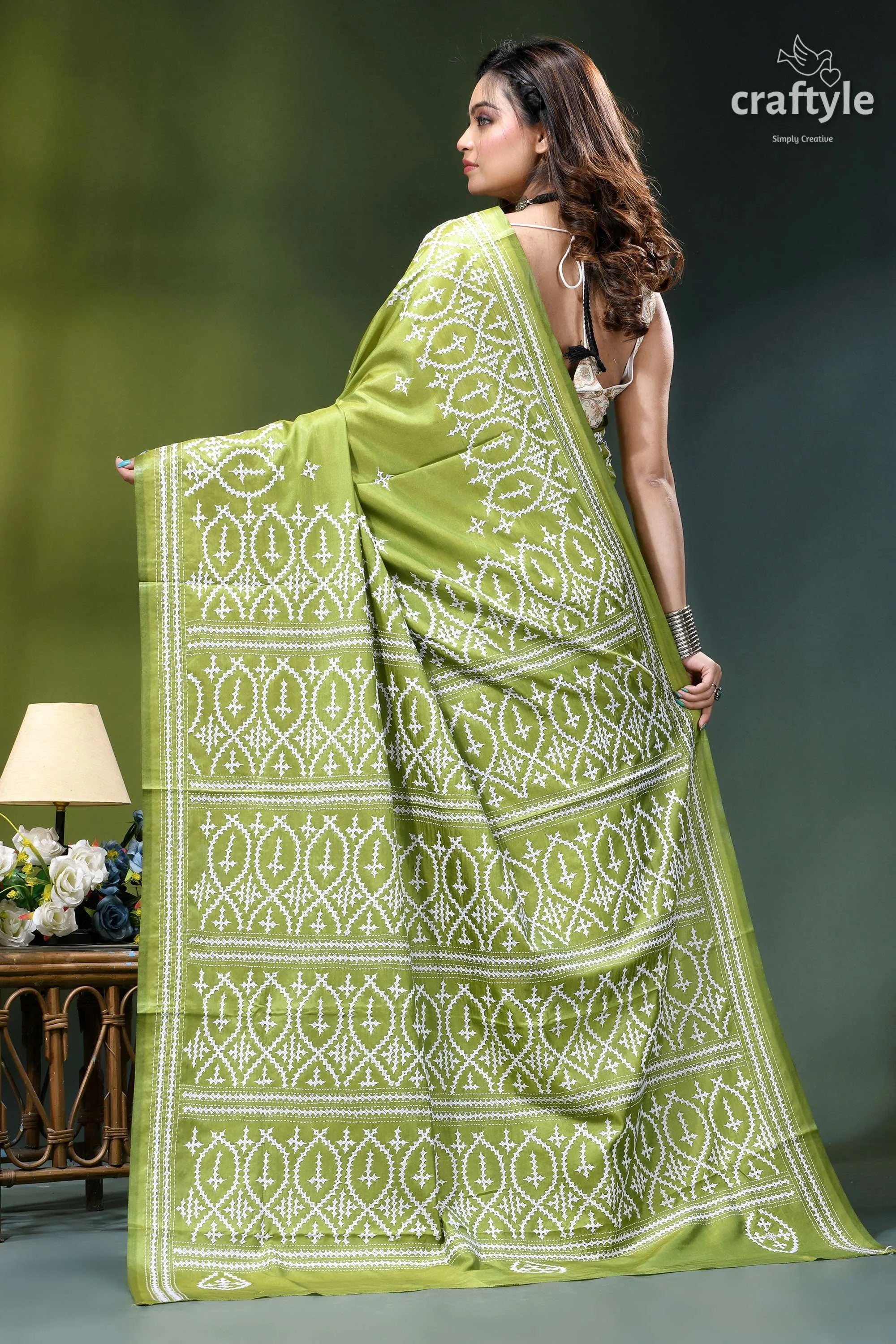 Android green hand kutch embroidery heritage silk saree vibrant lime green saree intricate 5