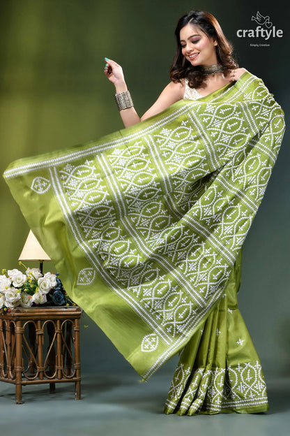 Android green hand kutch embroidery heritage silk saree vibrant lime green saree intricate 4