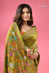 Android green multicolor shantiniketan silk kantha saree woman green silk saree colorful 2