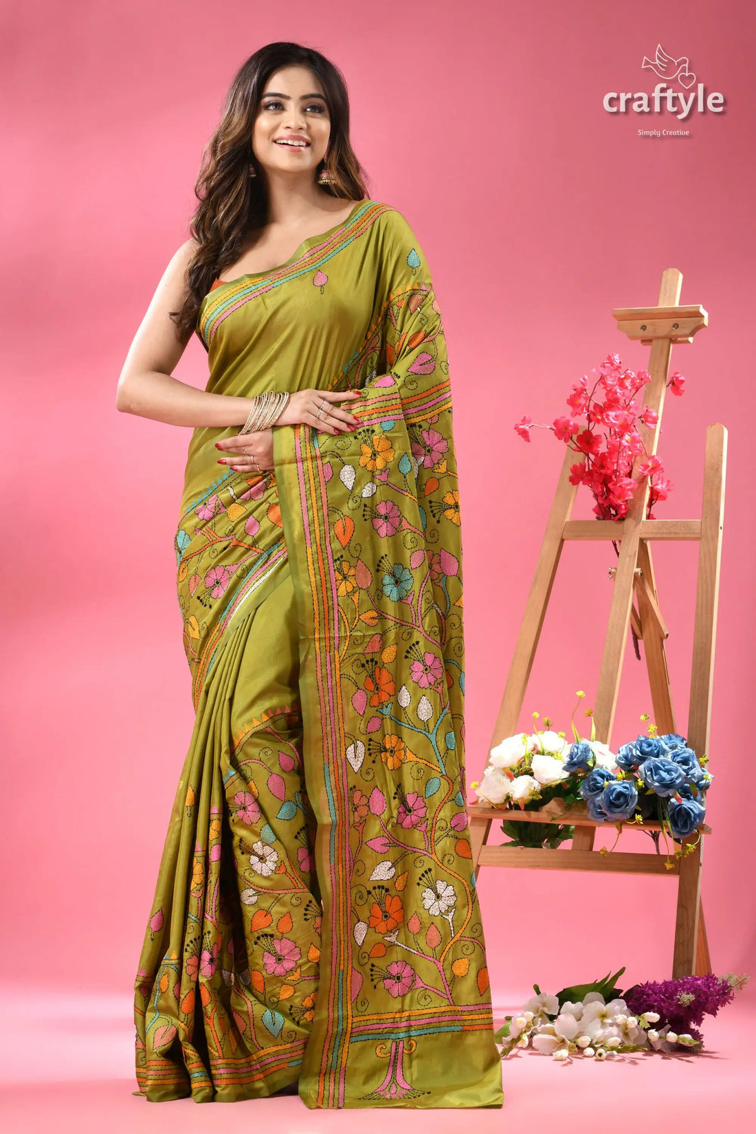 Android green multicolor shantiniketan silk kantha saree woman green silk saree colorful 1