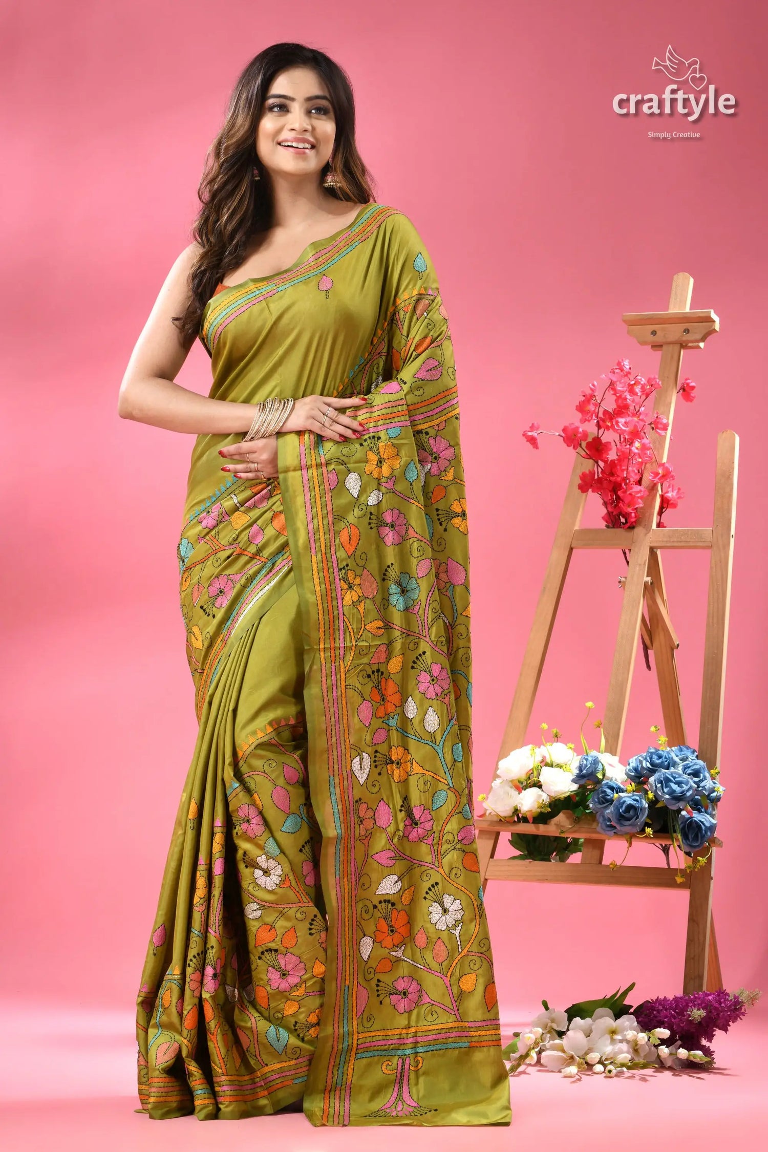 Android green multicolor shantiniketan silk kantha saree woman green silk saree colorful 1