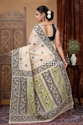 Antique White and Black Bengal Handloom Jamdani Saree - Craftyle