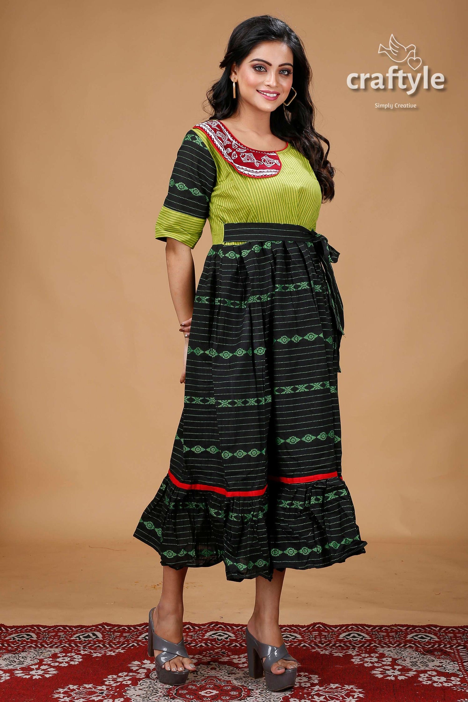 Apple Green and Black Designer Cotton Gown with Handpainting - Craftyle
