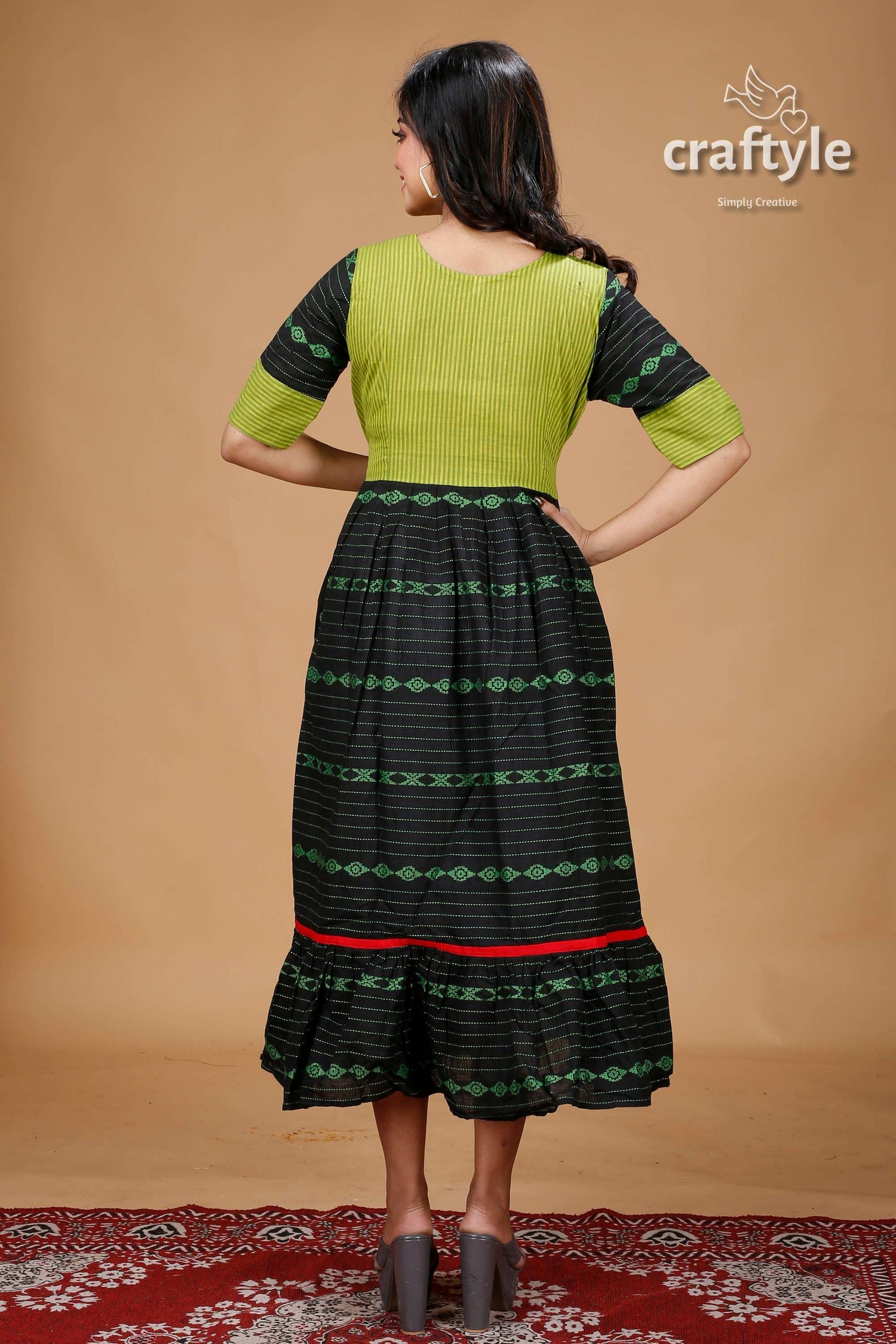 Apple Green and Black Designer Cotton Gown with Handpainting - Craftyle