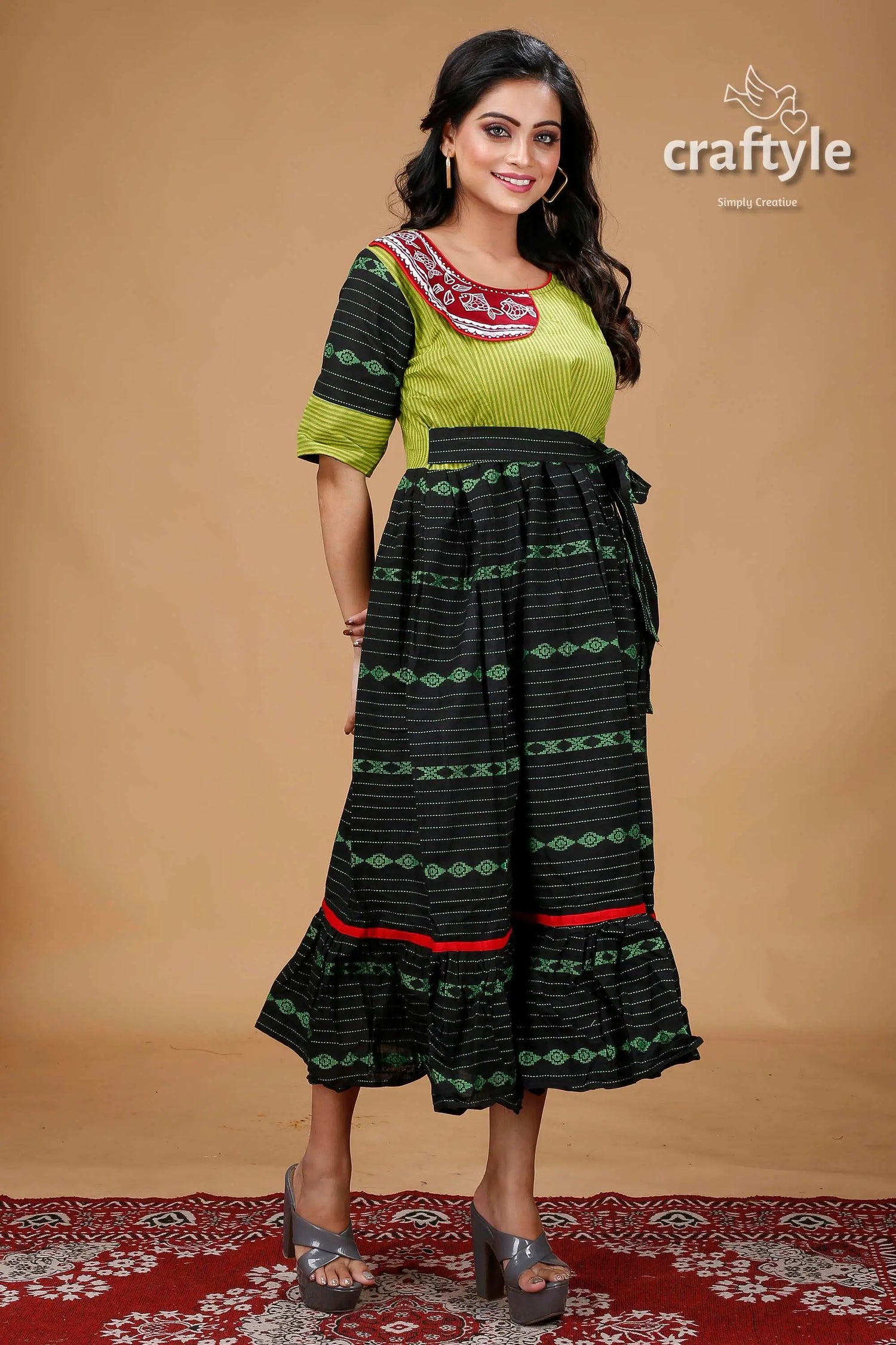 Apple green and black designer cotton gown with handpainting woman’s green black dress 3