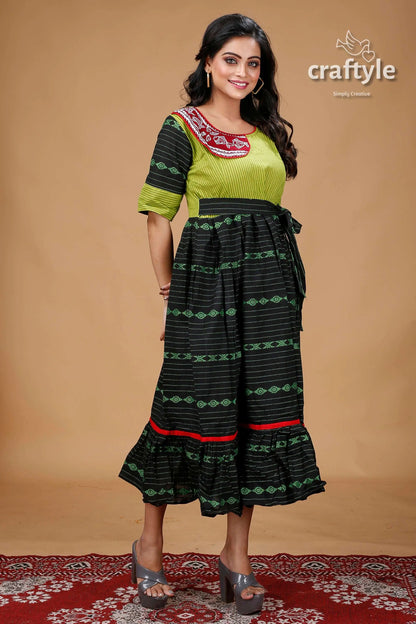 Apple green and black designer cotton gown with handpainting woman’s green black dress 3