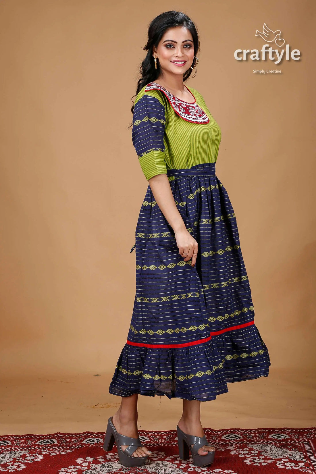 Apple green and blue hand painted designer cotton gown womanās green blue patterned dress 2