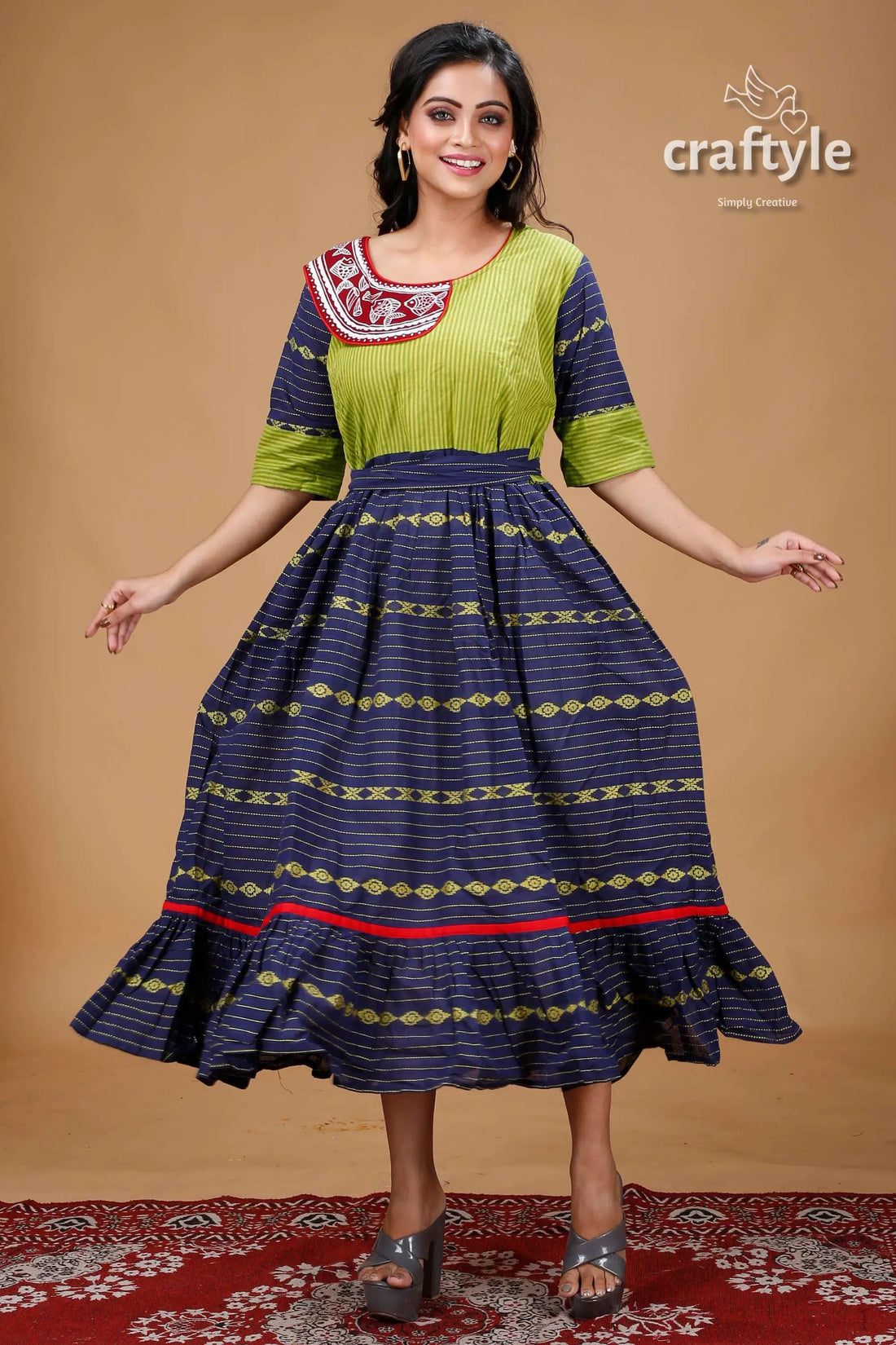 Apple green and blue hand painted designer cotton gown woman’s green blue patterned dress 1