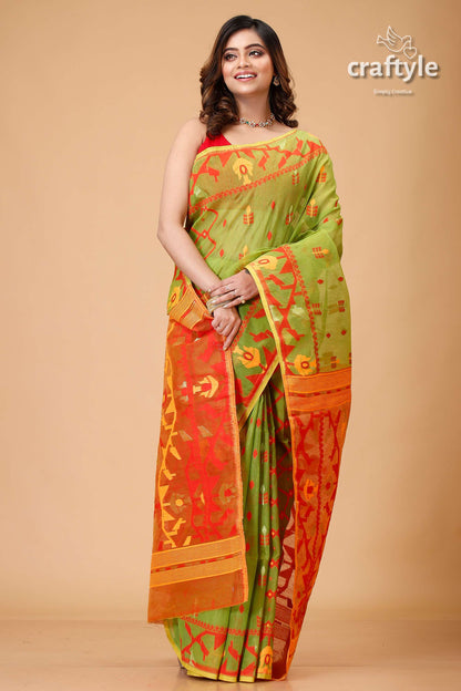 Apple Green Dhakai Jamdani Saree-Craftyle