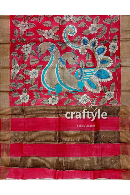 Apple red hand painted kalamkari work pure tussar silk saree with zari border red gold patterned saree bird 6