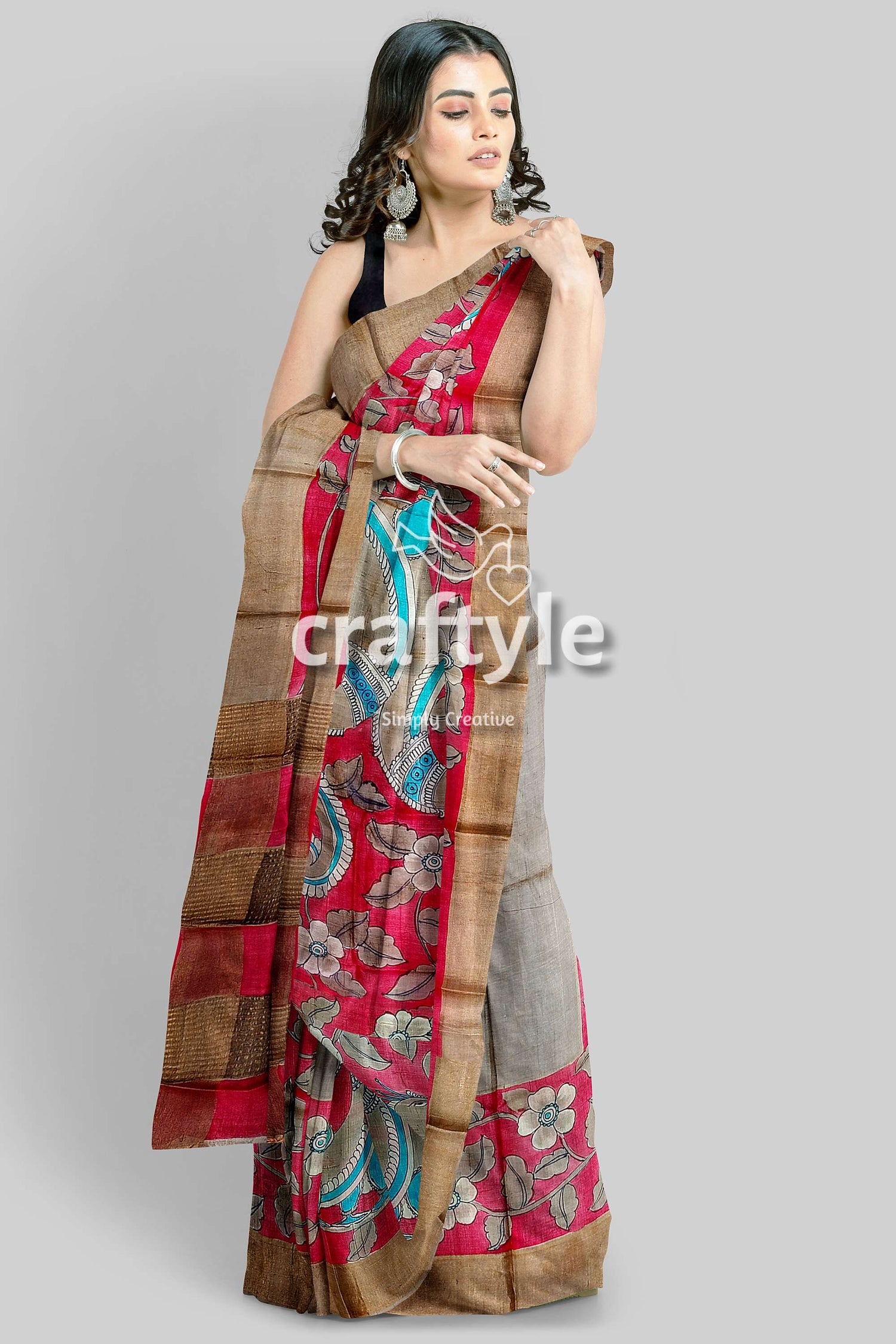 Apple Red Hand Painted Kalamkari Work Pure Tussar Silk Saree with Zari Border - Craftyle