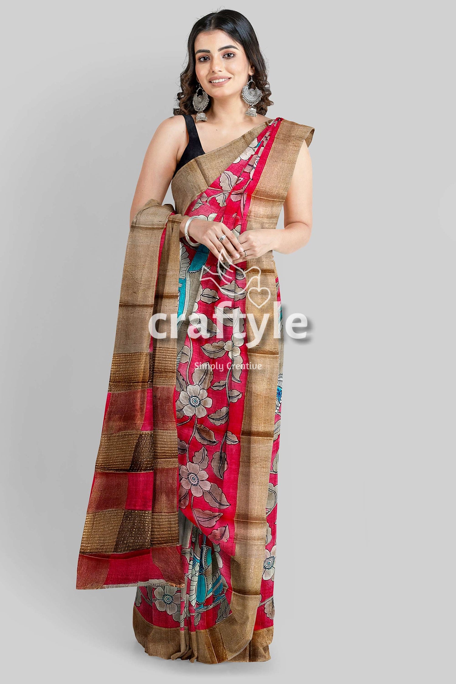 Apple Red Hand Painted Kalamkari Work Pure Tussar Silk Saree with Zari Border - Craftyle