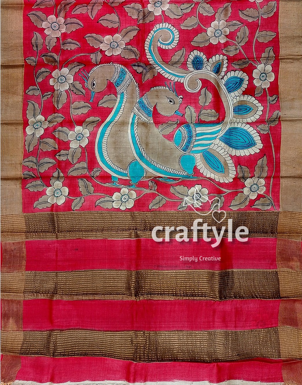 Apple Red Hand Painted Kalamkari Work Pure Tussar Silk Saree with Zari Border - Craftyle