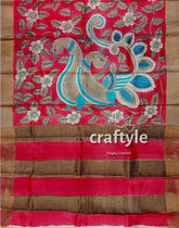 Apple Red Hand Painted Kalamkari Work Pure Tussar Silk Saree with Zari Border - Craftyle