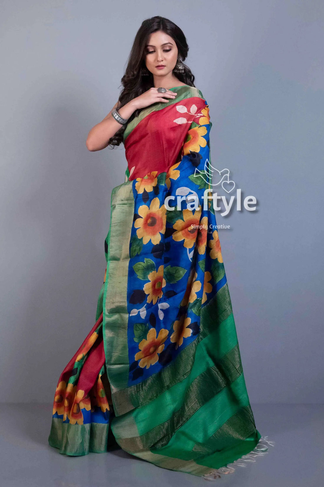Apple red hand painted zari pure tussar saree for women woman floral saree 2