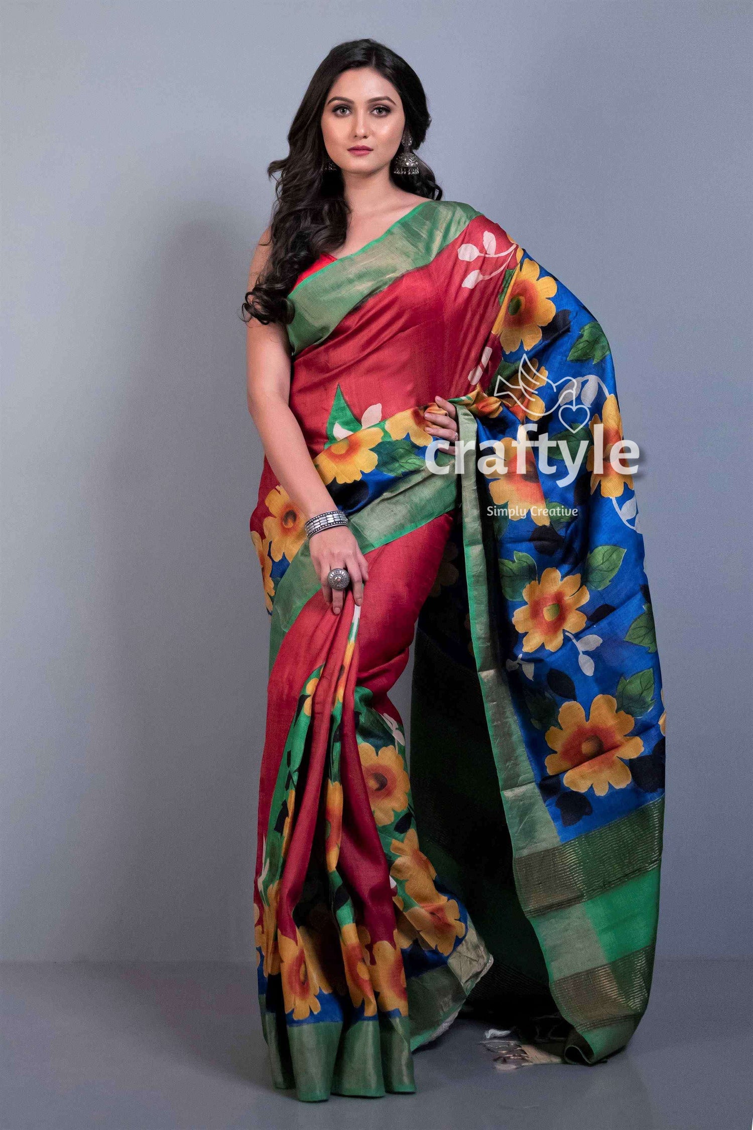 Apple Red Hand Painted Zari Pure Tussar Saree for Women - Craftyle