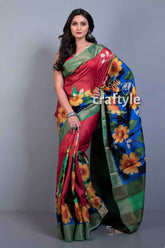 Apple Red Hand Painted Zari Pure Tussar Saree for Women - Craftyle