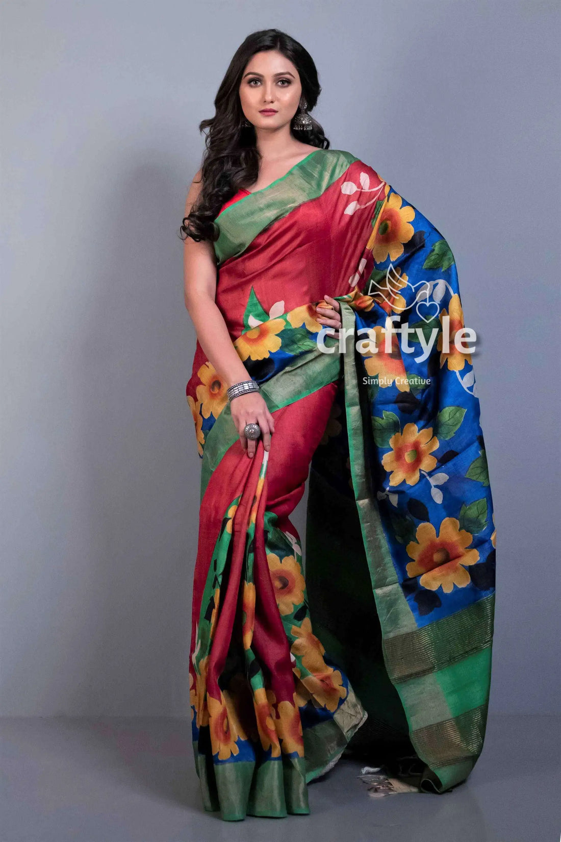 Apple red hand painted zari pure tussar saree for women woman floral saree 1