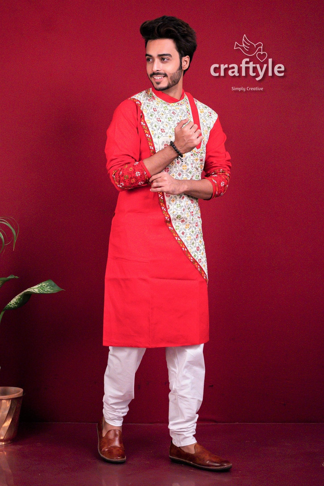 Apple Red Kantha Work Cotton Mens Kurta Panjabi - Craftyle