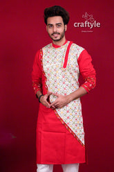 Apple red kantha work cotton mens kurta panjabi men’s white patterned 4