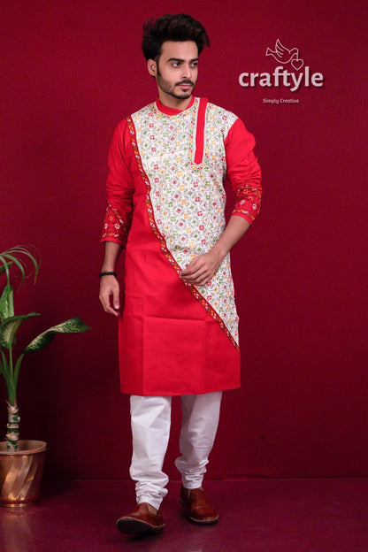 Apple red kantha work cotton mens kurta panjabi man white floral patterned 5