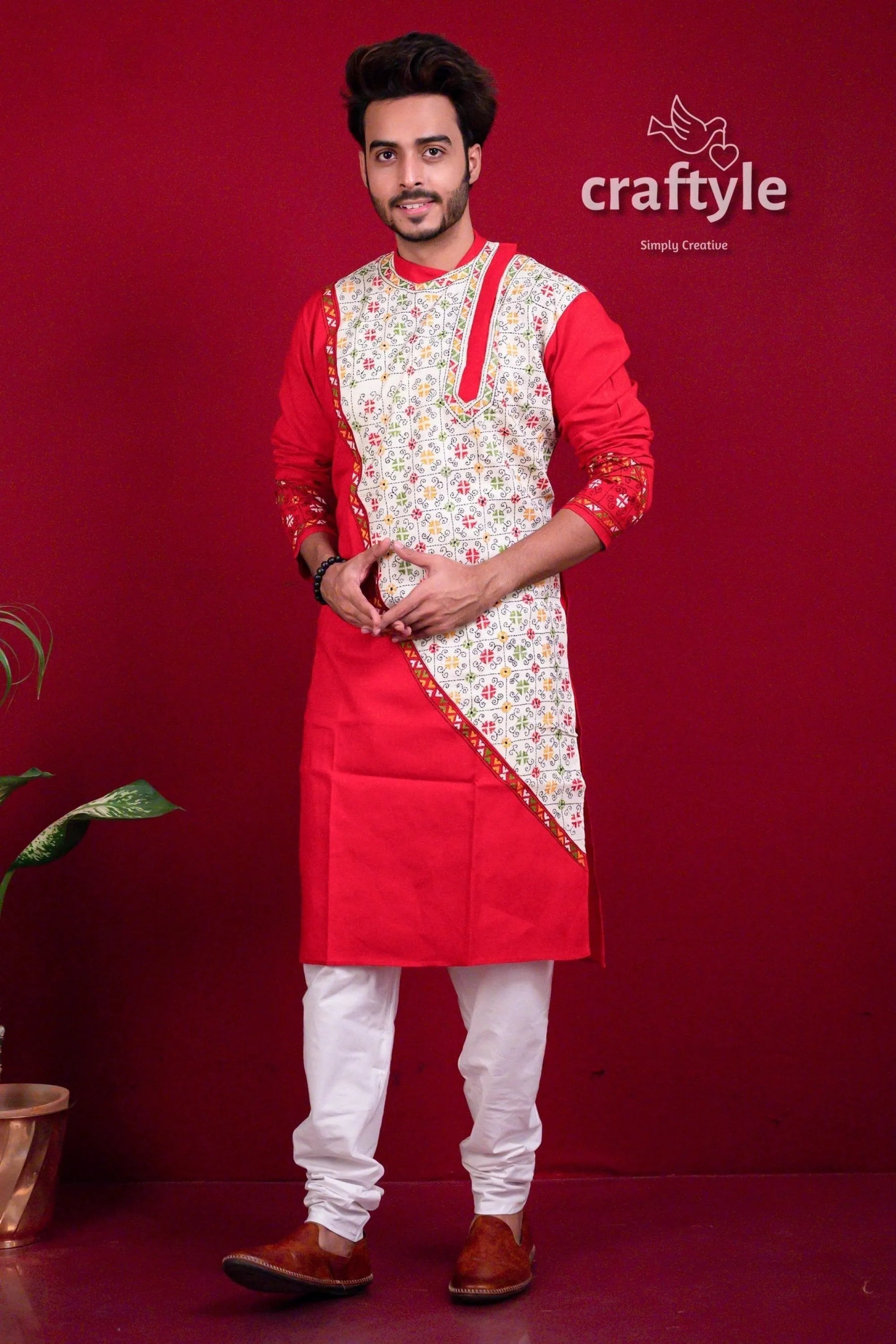 Apple red kantha work cotton mens kurta panjabi men’s white floral print 1