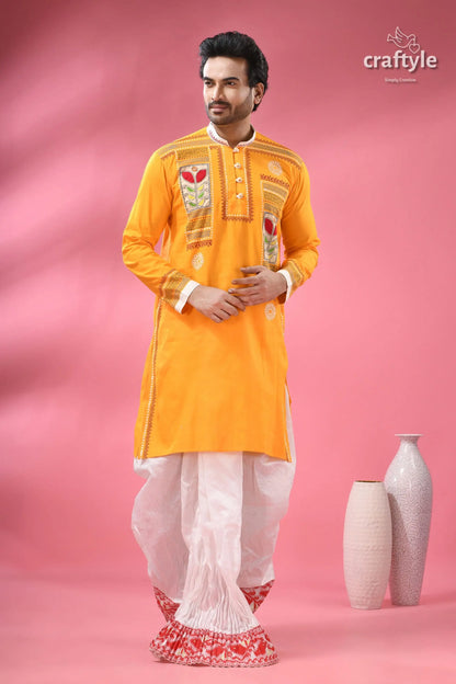 Applique cotton punjabi for men hand block with embroidery men’s yellow kurta embroidered floral 3