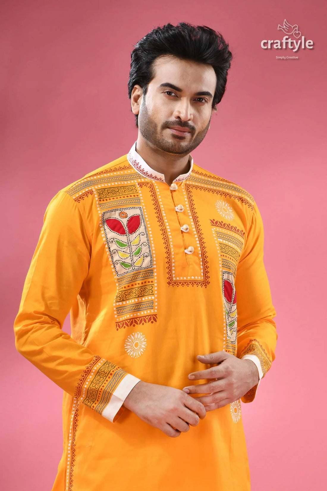 Applique cotton punjabi for men hand block with embroidery men’s yellow embroidered long sleeve kurta 2