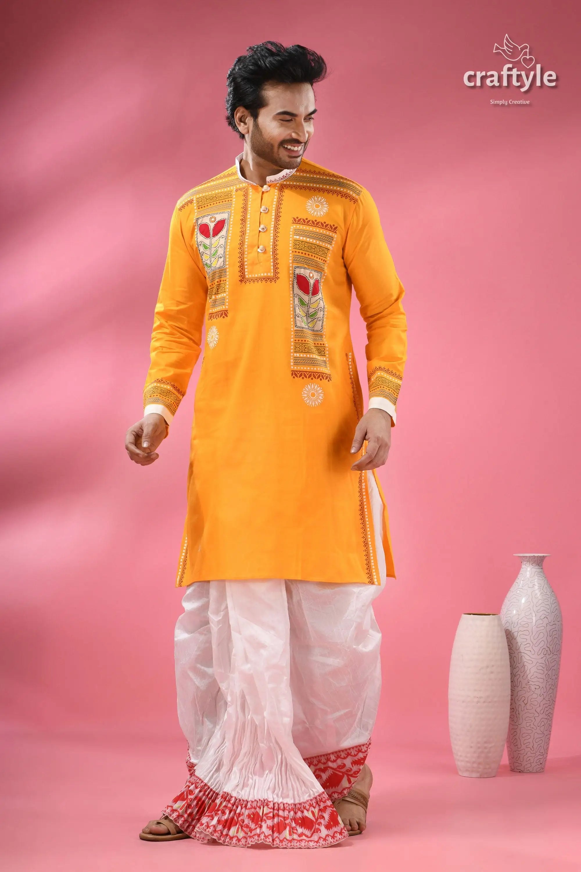 Applique cotton punjabi for men hand block with embroidery men’s yellow kurta white dhoti 4