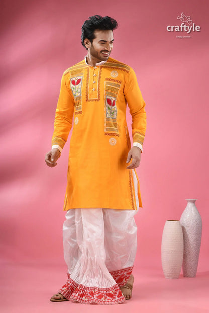 Applique cotton punjabi for men hand block with embroidery men’s yellow kurta white dhoti 4