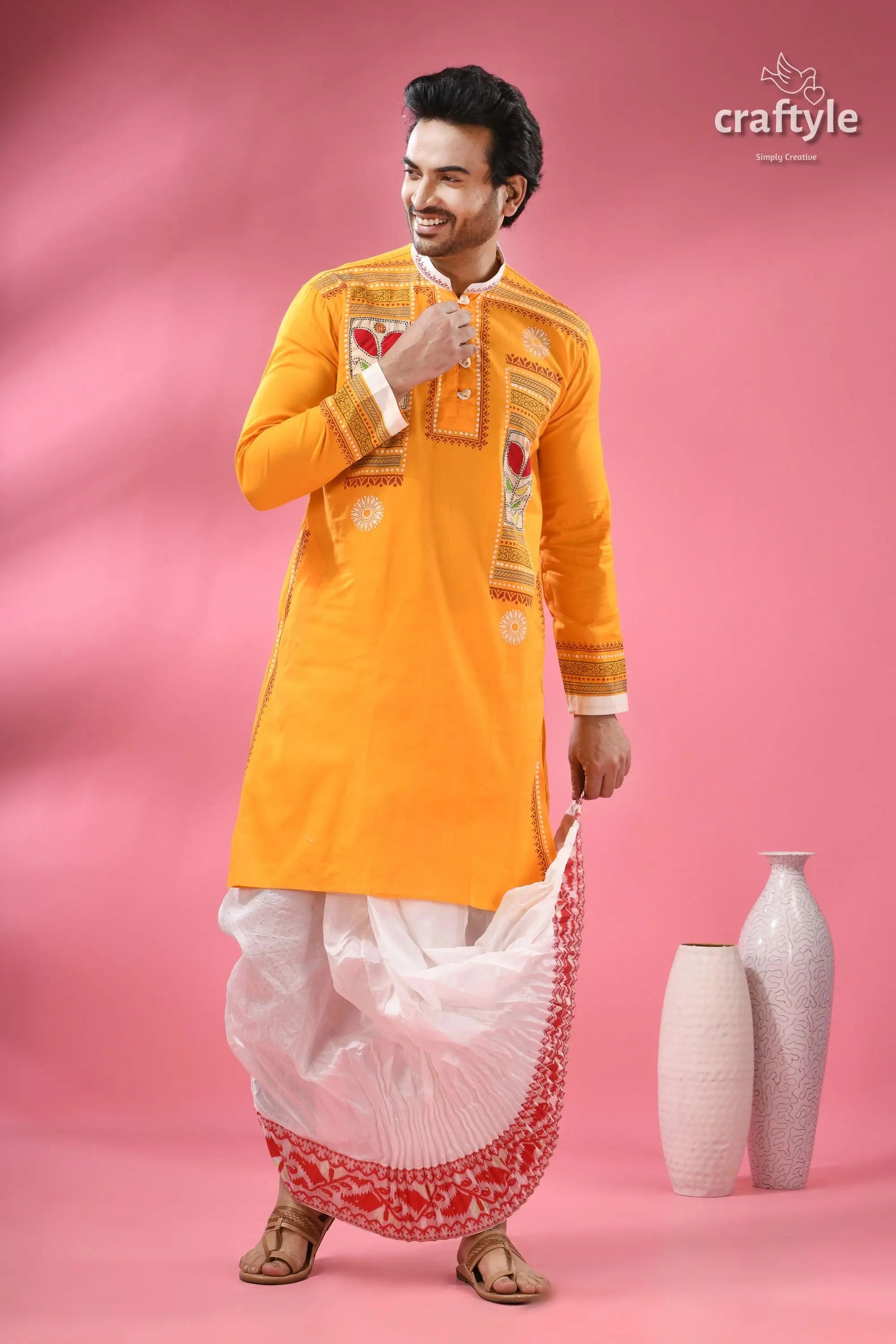 Applique cotton punjabi for men hand block with embroidery men’s yellow kurta white red 6