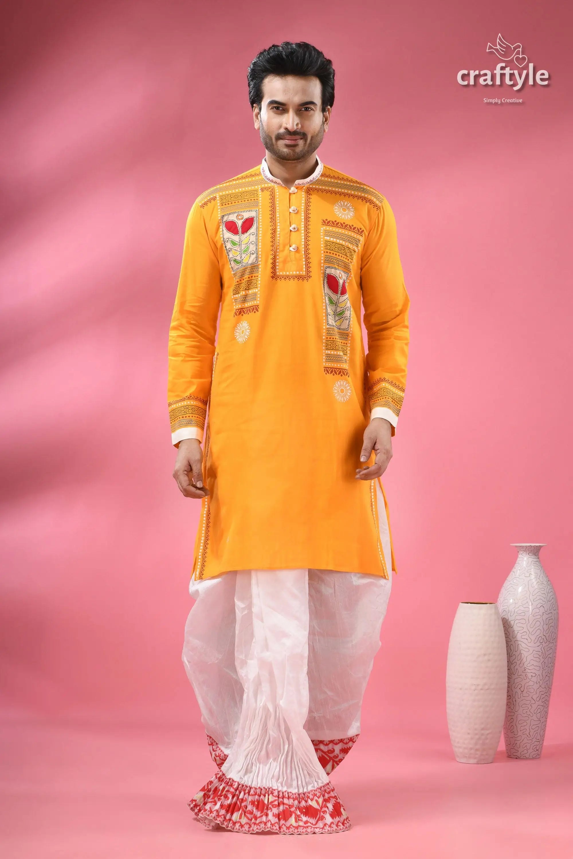 Applique cotton punjabi for men hand block with embroidery men’s orange kurta embroidered floral 5