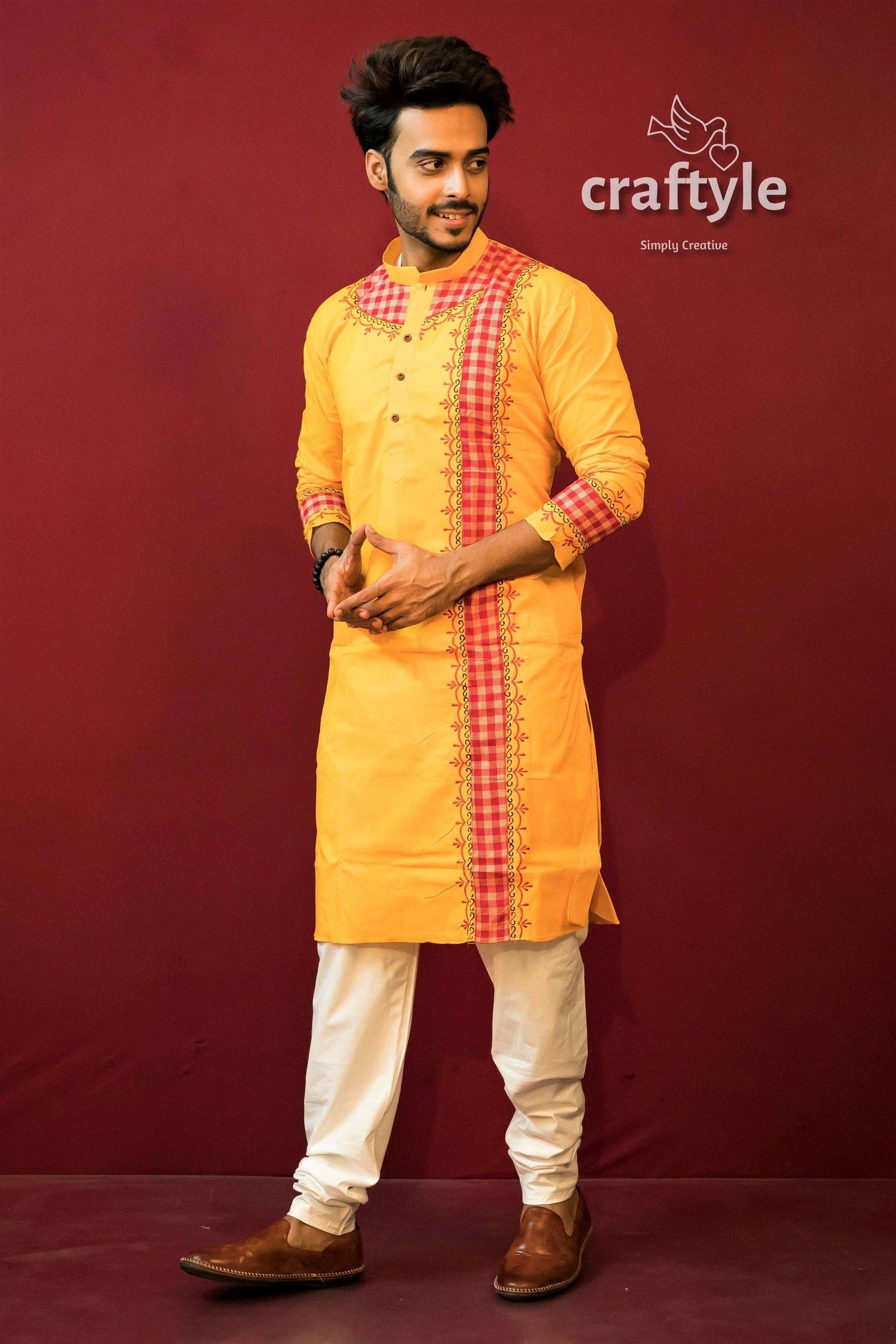 Applique Design Mens Embroidered Kurta - Marigold Yellow Red - Craftyle