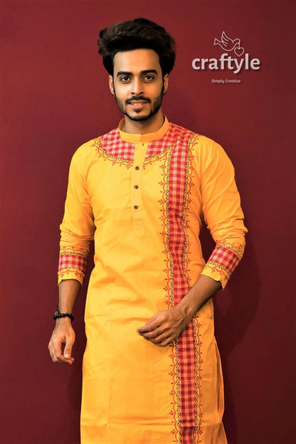 Applique Design Mens Embroidered Kurta - Marigold Yellow Red - Craftyle