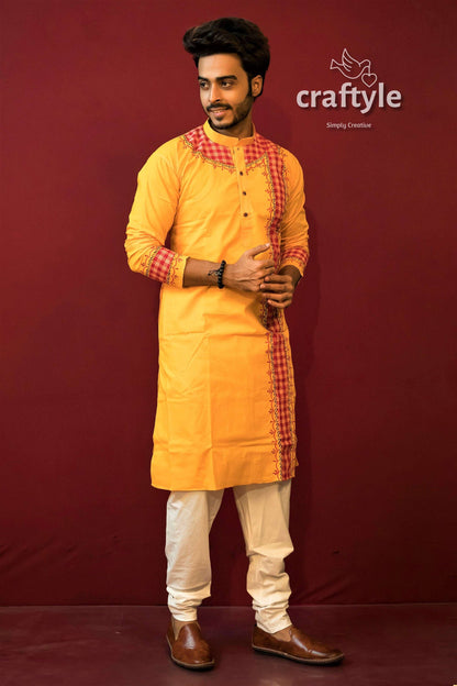 Applique Design Mens Embroidered Kurta - Marigold Yellow Red - Craftyle