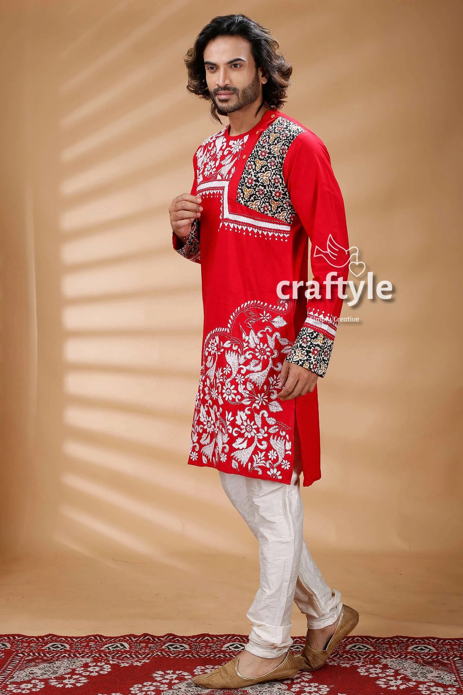 Applique design red kantha work mens cotton kurta embroidered intricate white 4
