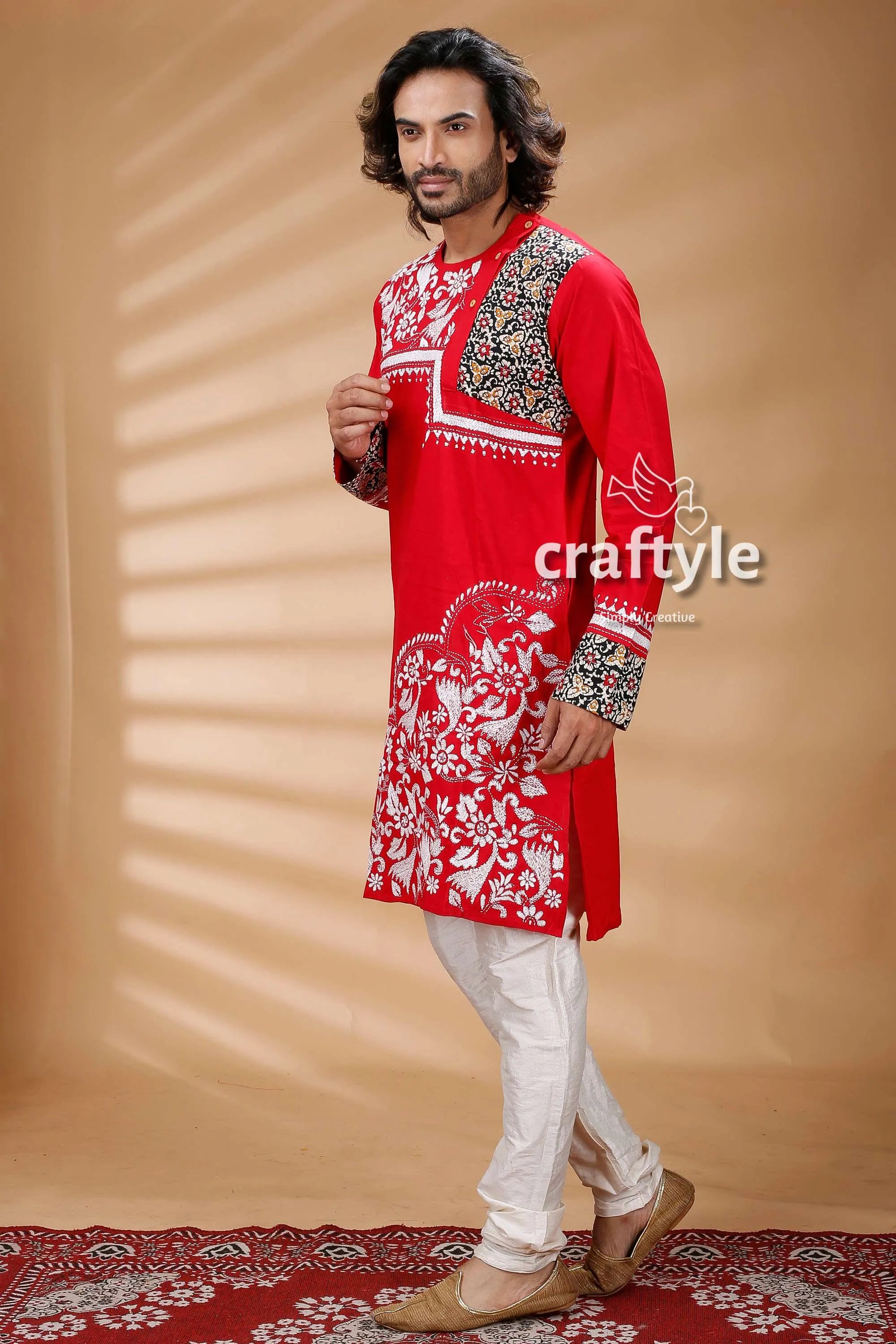 Applique design red kantha work mens cotton kurta embroidered intricate white 4