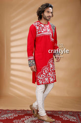 Applique design red kantha work mens cotton kurta embroidered white floral 3