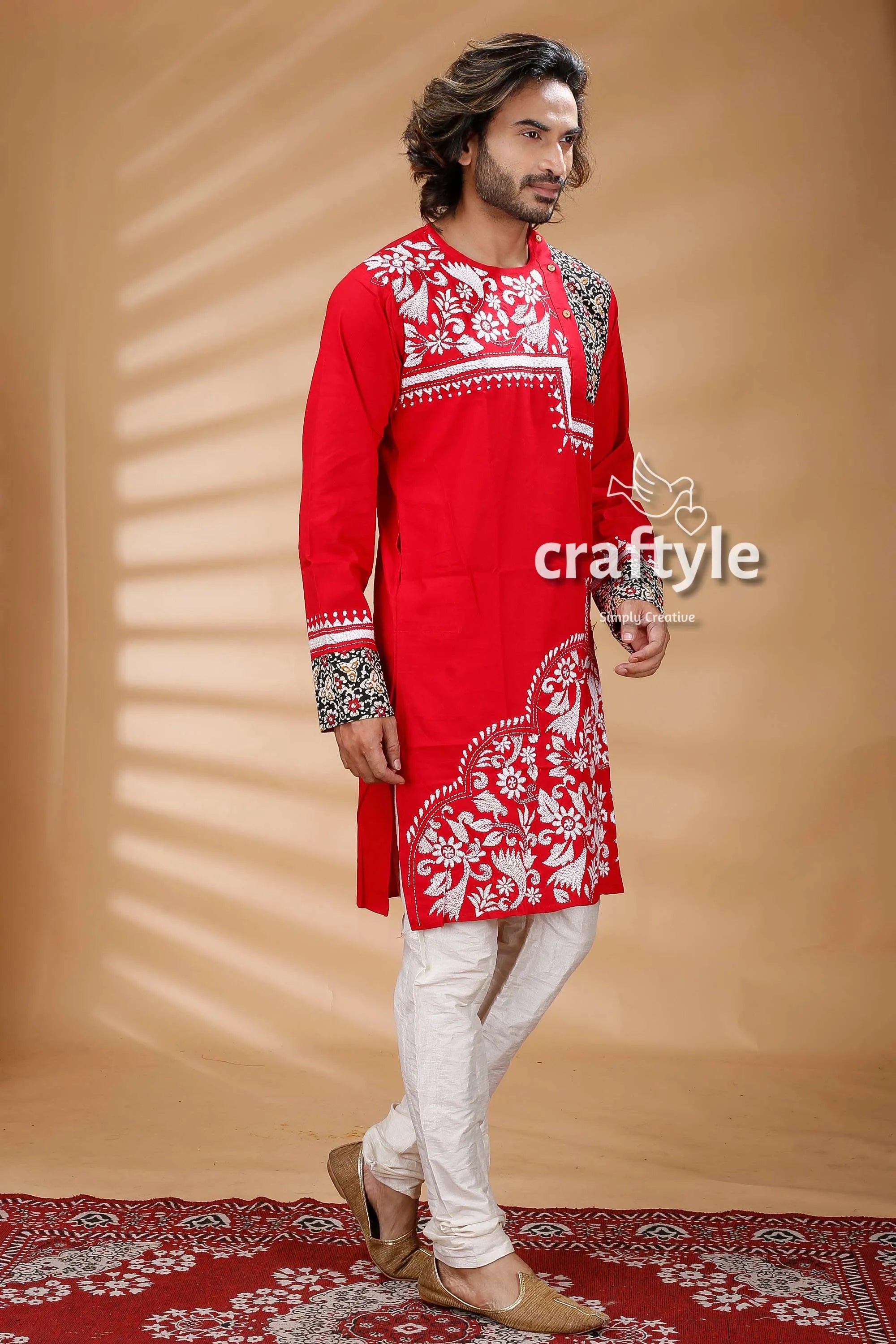 Applique design red kantha work mens cotton kurta embroidered white floral 3