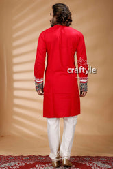 Applique design red kantha work mens cotton kurta embroidered intricate black 5