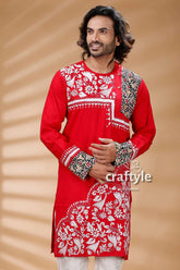 Applique design red kantha work mens cotton kurta vibrant embroidered intricate 2