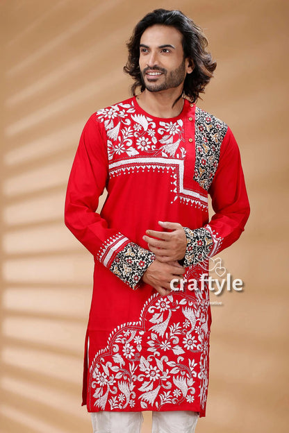 Applique design red kantha work mens cotton kurta vibrant embroidered intricate 2